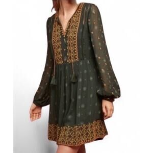 Anthropologie Akimi And Kim Sheer Green Embroidered Mini Dress Size S